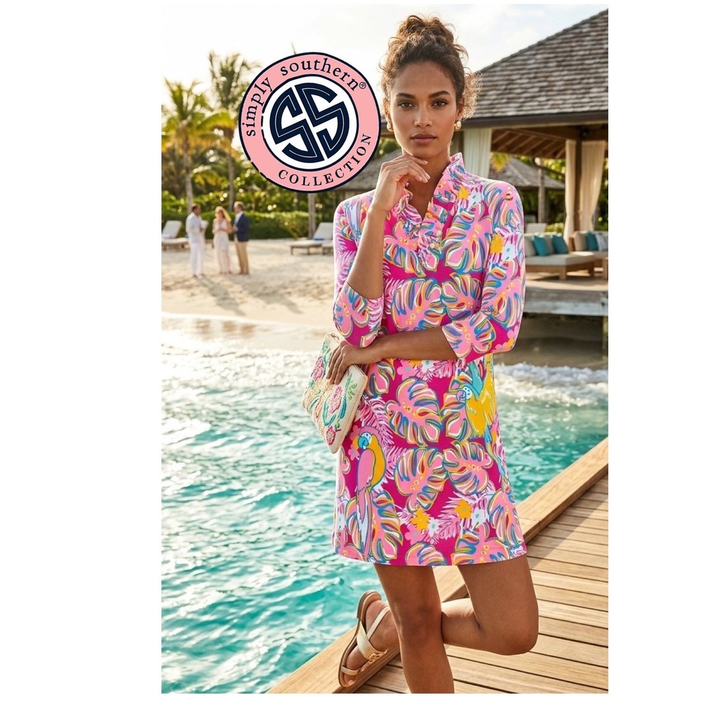 Simply Southern Ruffle Neck Tropical Parrot Print Dress Pink Sz S NWT Resortwear